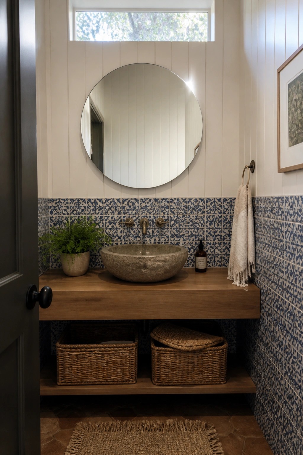 A bathroom vanity features a stone vessel sink on a wooden floating countertop with blue patterned tile on the wall, a round mirror above, and two woven baskets on the open shelf below.