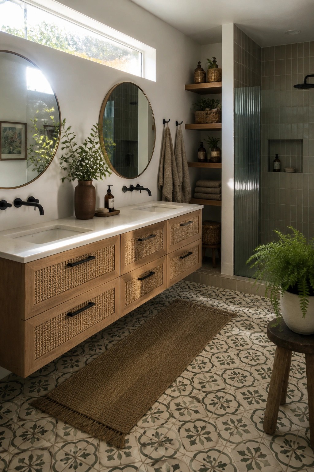 A bathroom vanity with light wood cabinetry and woven rattan drawer fronts sits below two round mirrors, with patterned floor tiles and a tiled shower visible to the right.