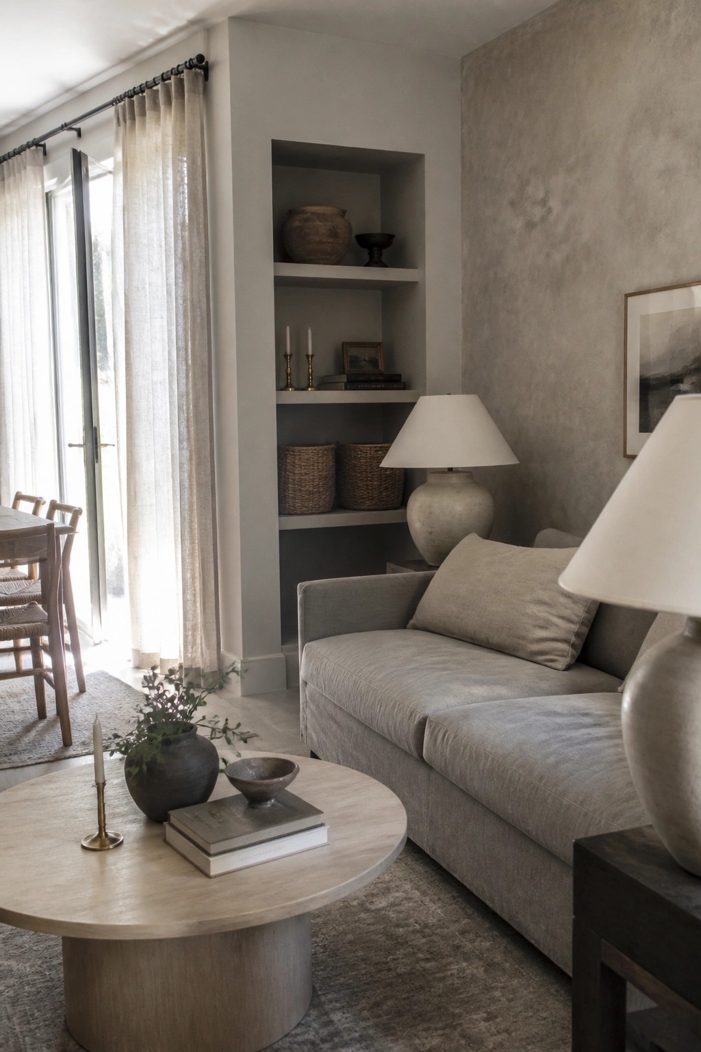 A neutral living room with a gray sofa, round wood coffee table, and recessed built-in wall shelves holding baskets, pottery, and books beside sheer linen curtains on a glass door.
