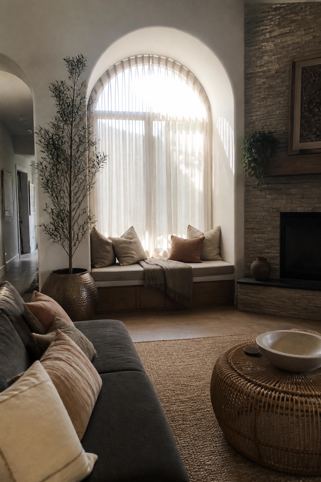 A living room with a large arched window featuring sheer white curtains, a built-in cushioned window seat with neutral pillows, a gray sofa in the foreground, a round wicker coffee table, and a stone fireplace on the right.