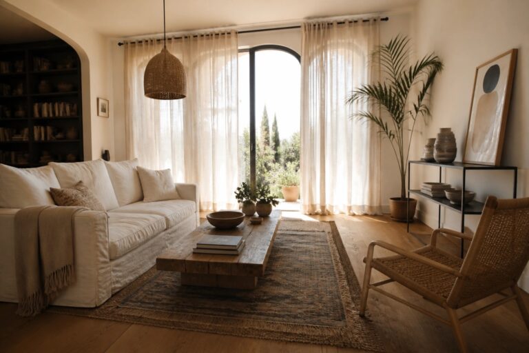 A living room with a white sofa, wooden coffee table on a patterned rug, woven accent chair, potted palm, and sheer linen curtains covering a large arched window.