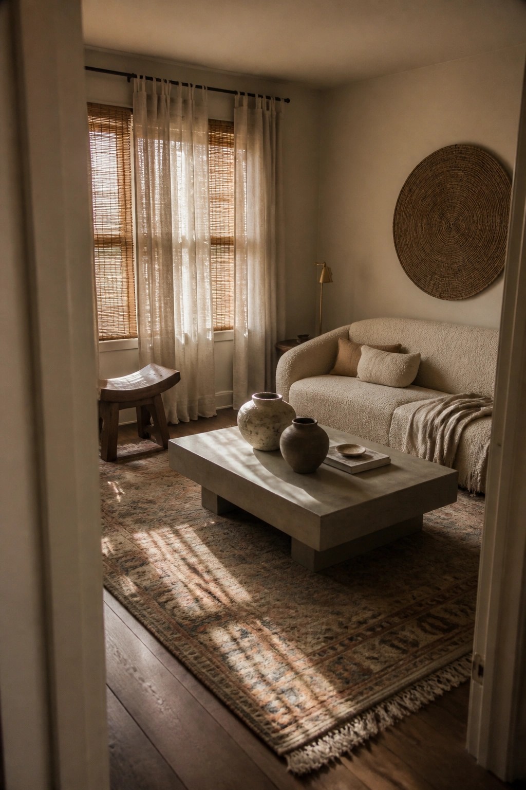 Sunlit living room with beige sofa, concrete coffee table, patterned rug, and woven wall art