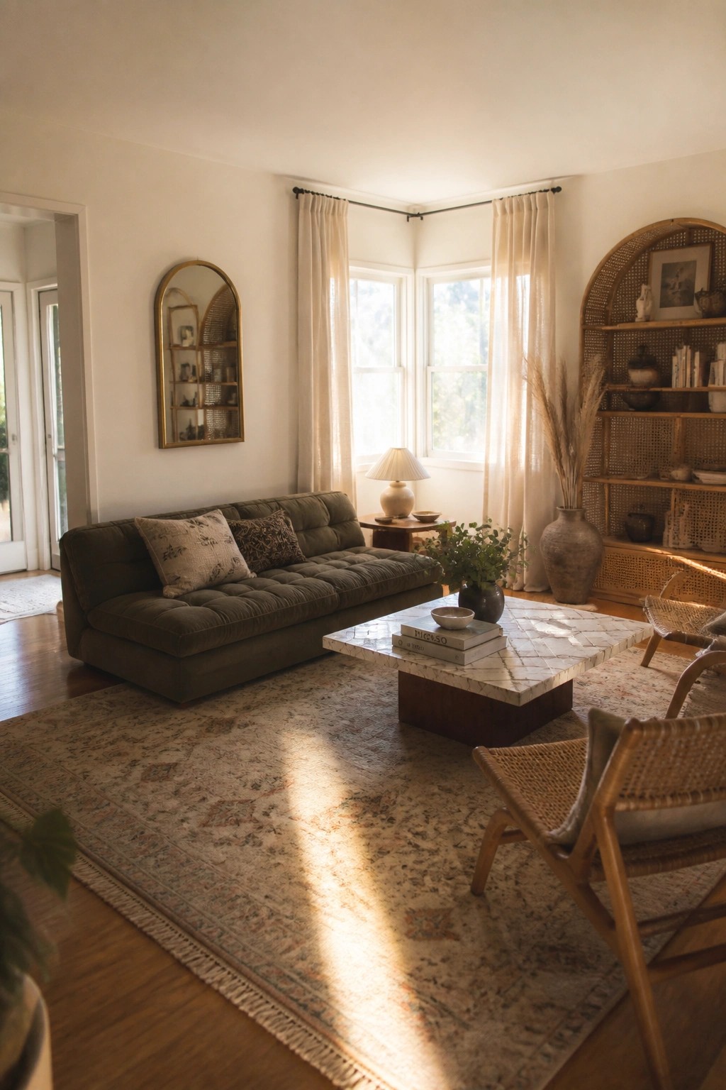 A modern boho living room with a green sectional sofa, marble-top coffee table, woven chairs, patterned rug, and sheer linen curtains covering corner windows.