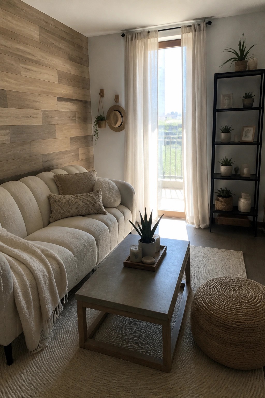 A living room with a white sofa, concrete coffee table, woven pouf, black metal shelves, and sheer white curtains covering a large glass door.
