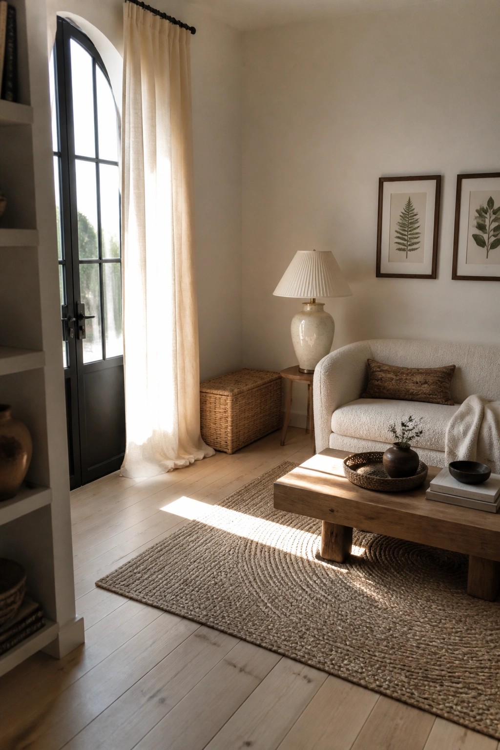 A bright living room with sheer off-white linen curtains hanging beside an arched black door, sunlight streaming across a woven rug and wooden coffee table.