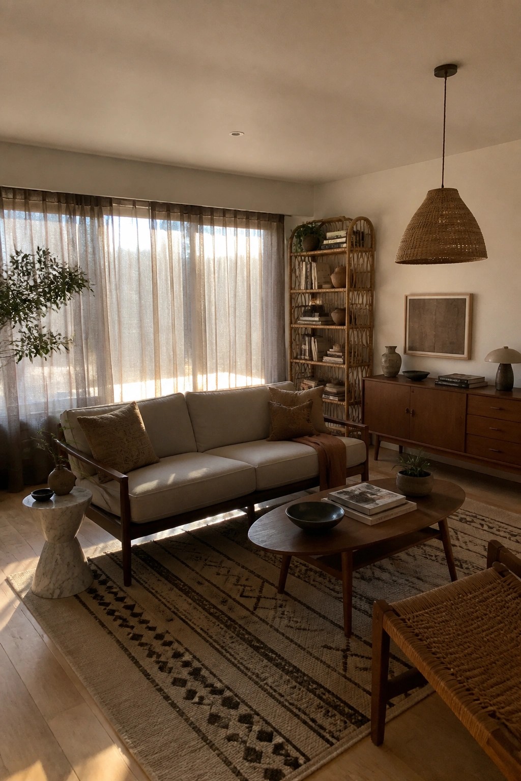 A modern boho living room with a light sofa, wooden coffee table, patterned rug, tall rattan shelf, and large windows covered in sheer linen curtains.