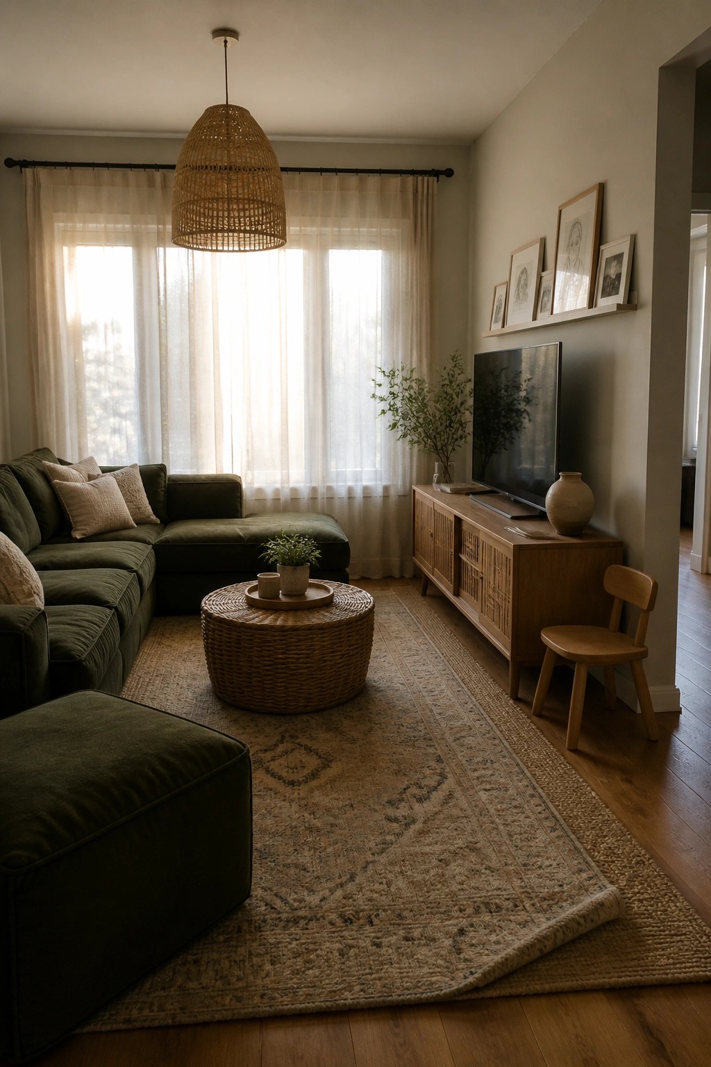 A living room with a green sectional sofa, woven round coffee table, wooden media console, and large windows covered by floor-to-ceiling sheer off-white curtains.
