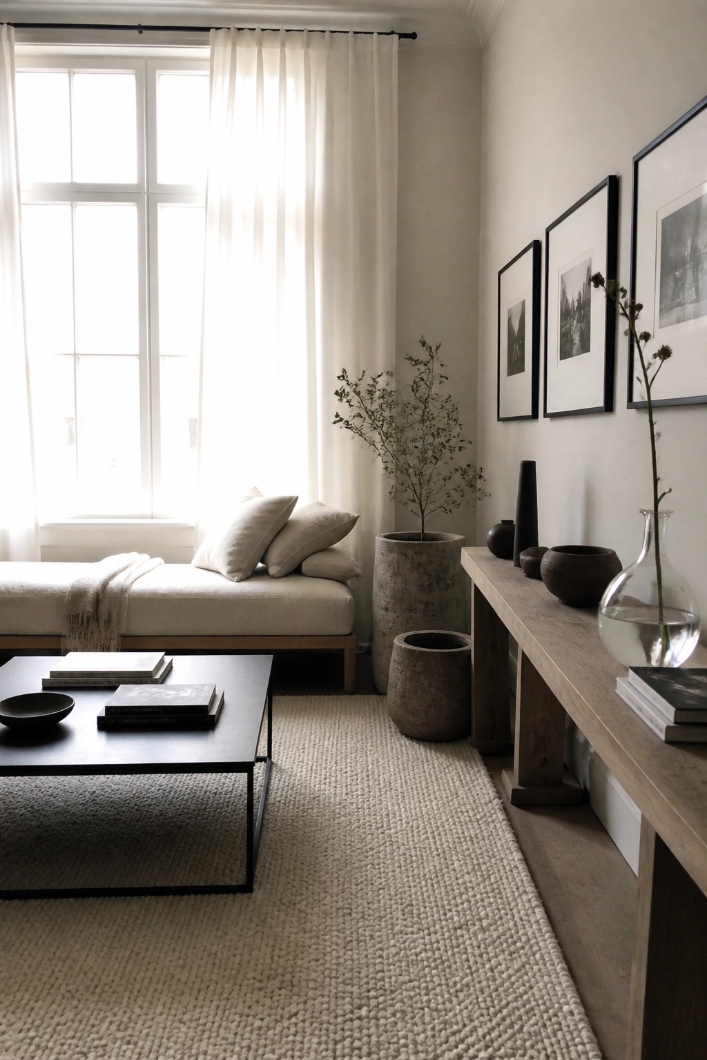 A bright living room with a large window dressed in floor-length sheer white curtains, a low daybed with pillows, a black coffee table on a woven rug, and a long wooden console holding vases and books.