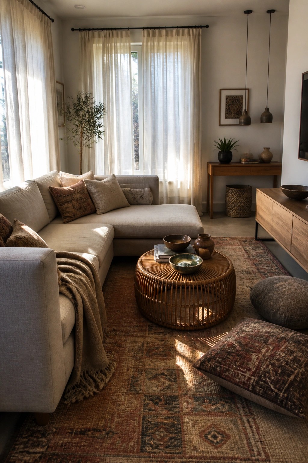 A living room with a beige sectional sofa, round woven coffee table on a patterned rug, and tall windows dressed in sheer off-white linen curtains.