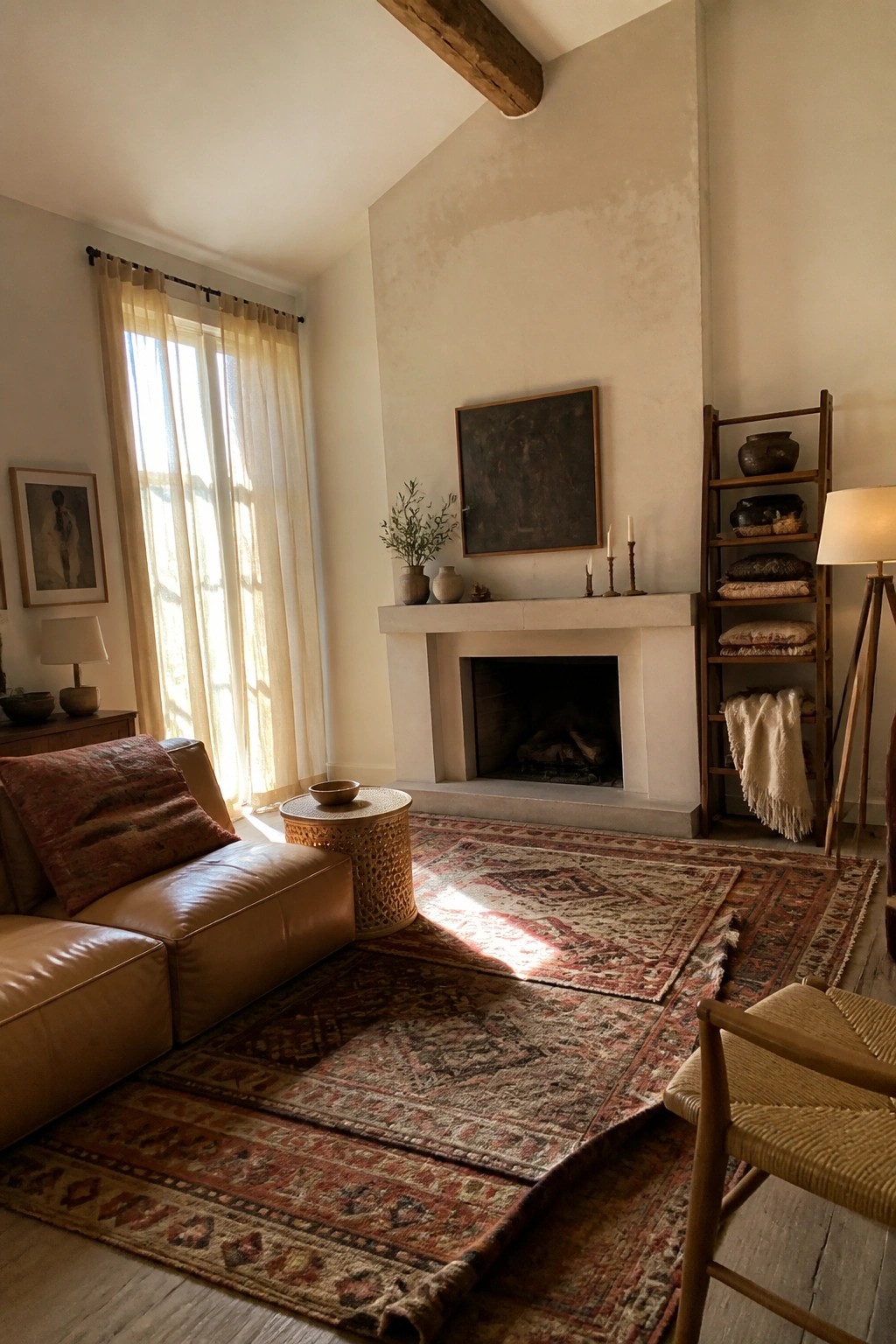 Sunlit living room with leather sofa, stone fireplace, layered patterned rugs, and wooden ladder.