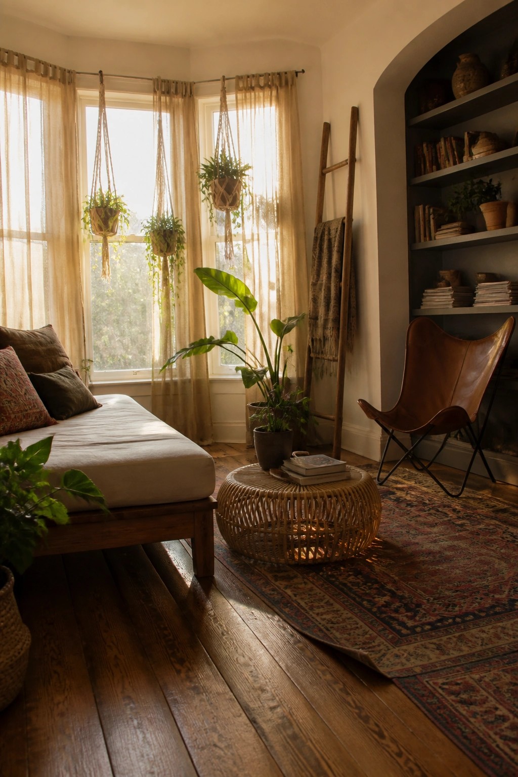 Living room interior with sheer linen curtains covering multiple windows, a wooden daybed with pillows, hanging macrame plants, a leather butterfly chair, a round wicker coffee table, and a large patterned rug on wood flooring.