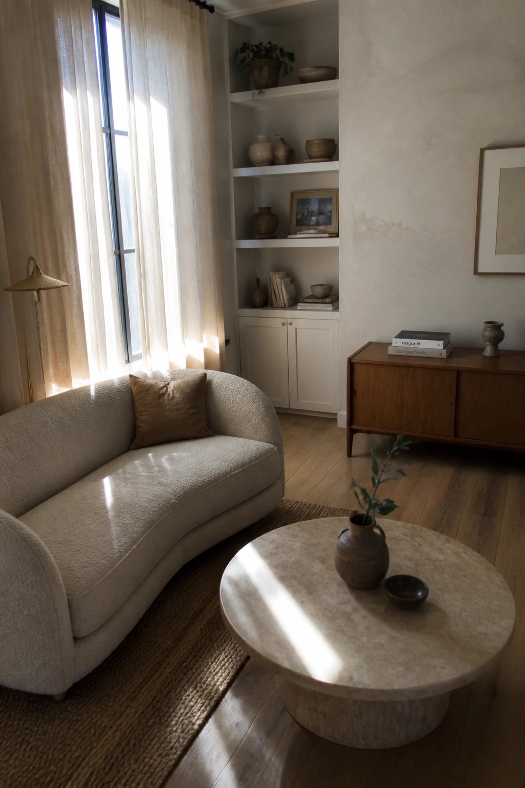 A living room with a curved off-white sofa, round stone coffee table, built-in white shelves, wooden sideboard, and large window covered by sheer linen curtains.