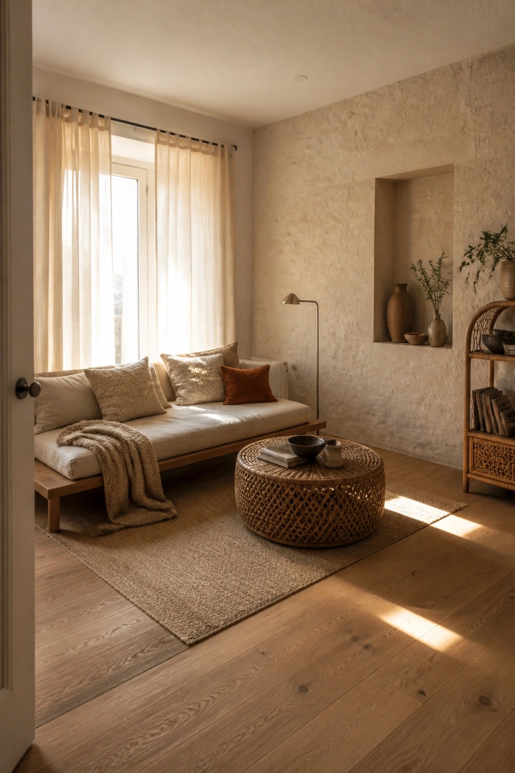 A living room corner with a low wooden daybed against a window dressed in sheer beige linen curtains, a round woven coffee table on a jute rug, and textured plaster walls with a recessed shelf.