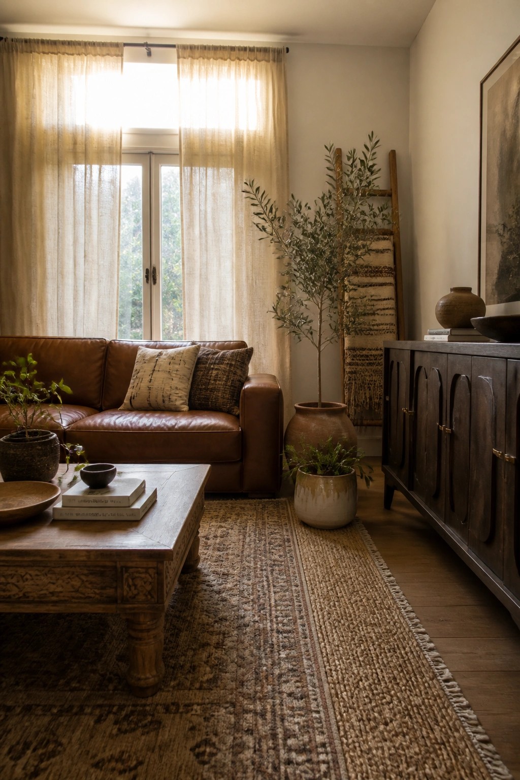 A living room with a brown leather sofa, wooden coffee table on a patterned rug, potted plants, and floor-to-ceiling sheer beige curtains over glass doors with bright sunlight filtering through.