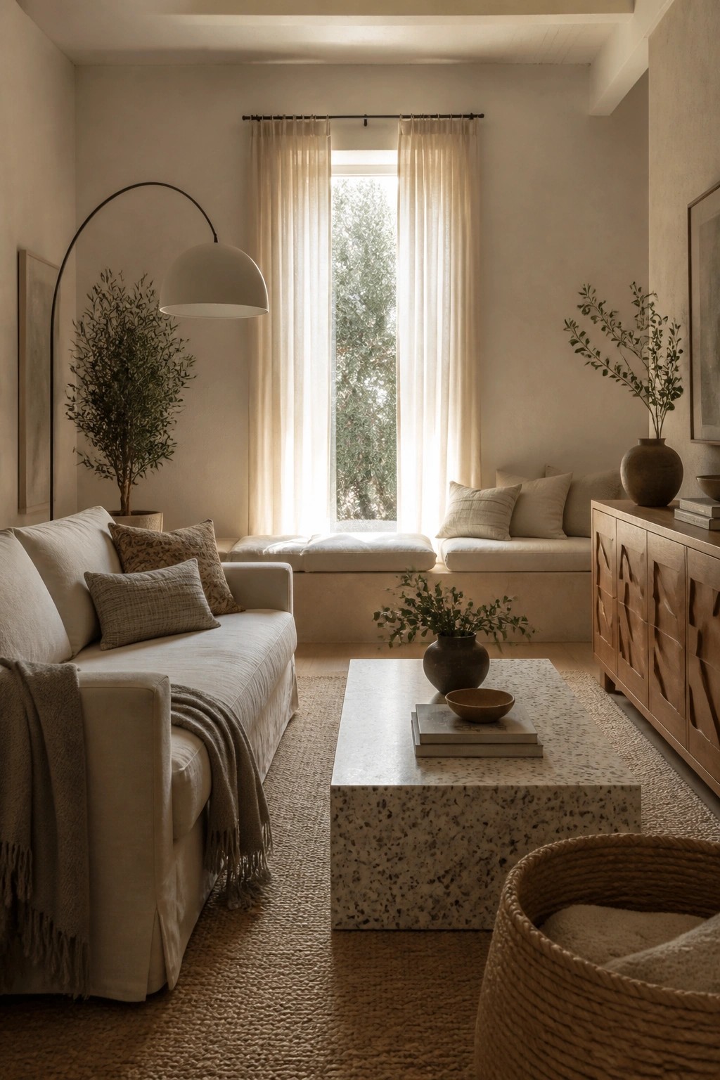 A living room with a white sofa, speckled coffee table, and large window covered by floor-to-ceiling sheer linen curtains.