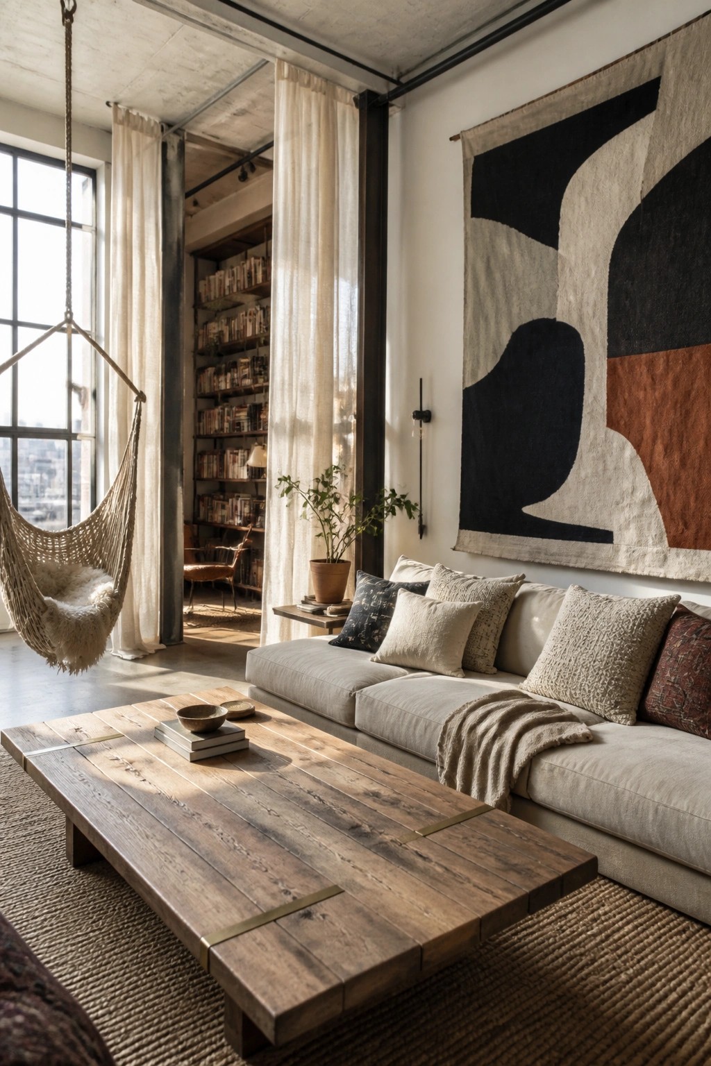 A spacious living room with a light sectional sofa, wooden coffee table on a woven rug, hanging macrame chair by large windows, built-in bookshelves in the background, and floor-length sheer white curtains.