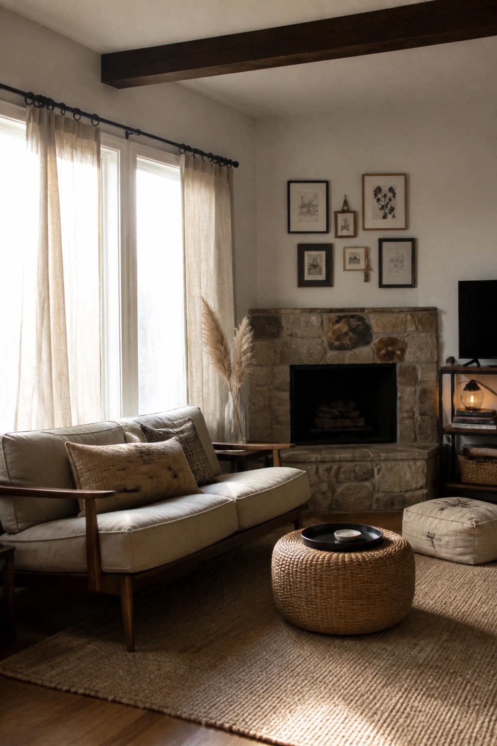 A living room interior with a light-colored sofa, stone fireplace, woven ottoman on a jute rug, and sheer linen curtains covering tall windows.
