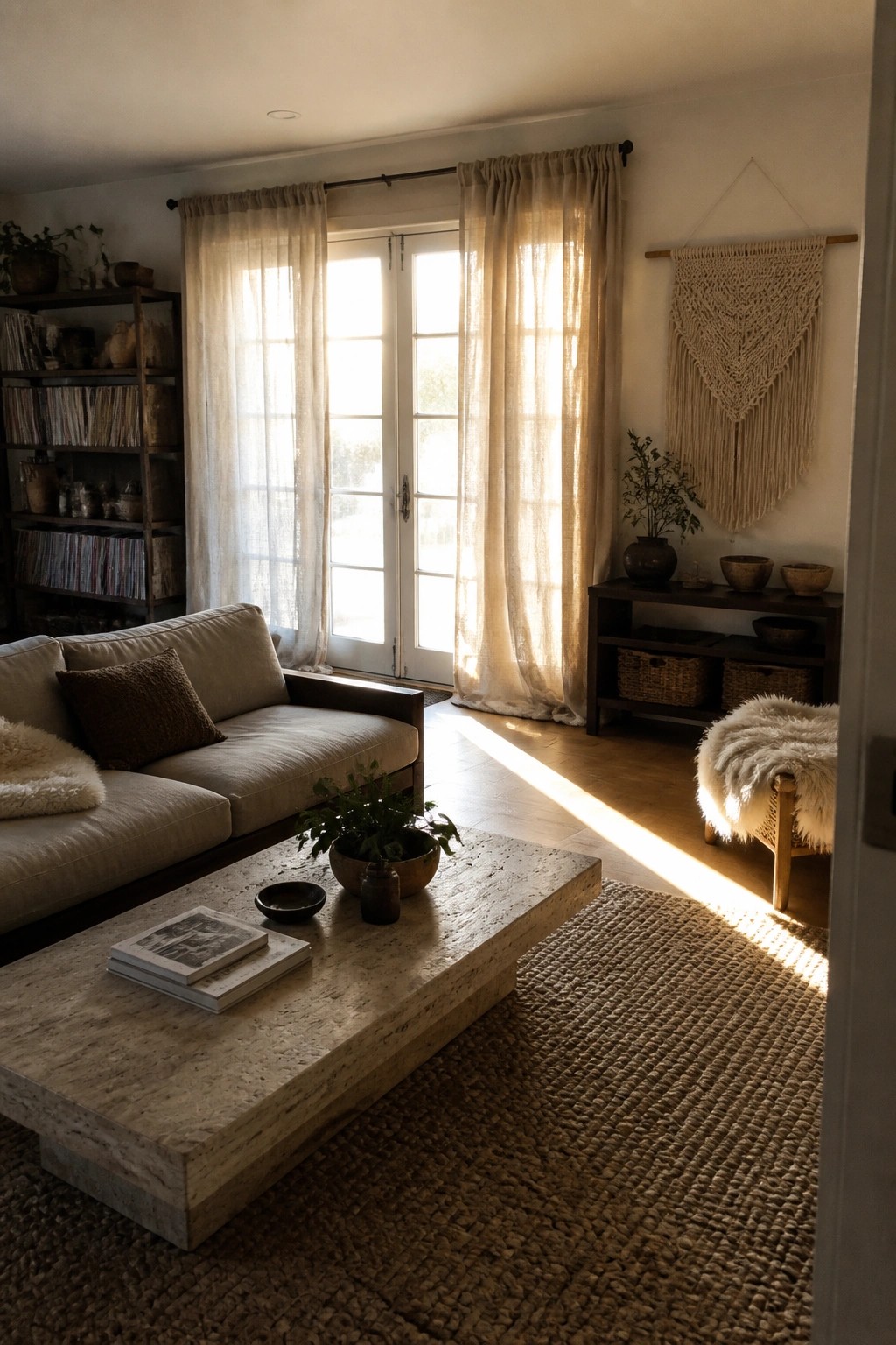 Sunlit living room with beige sofa, stone coffee table, macrame art, and jute rug.