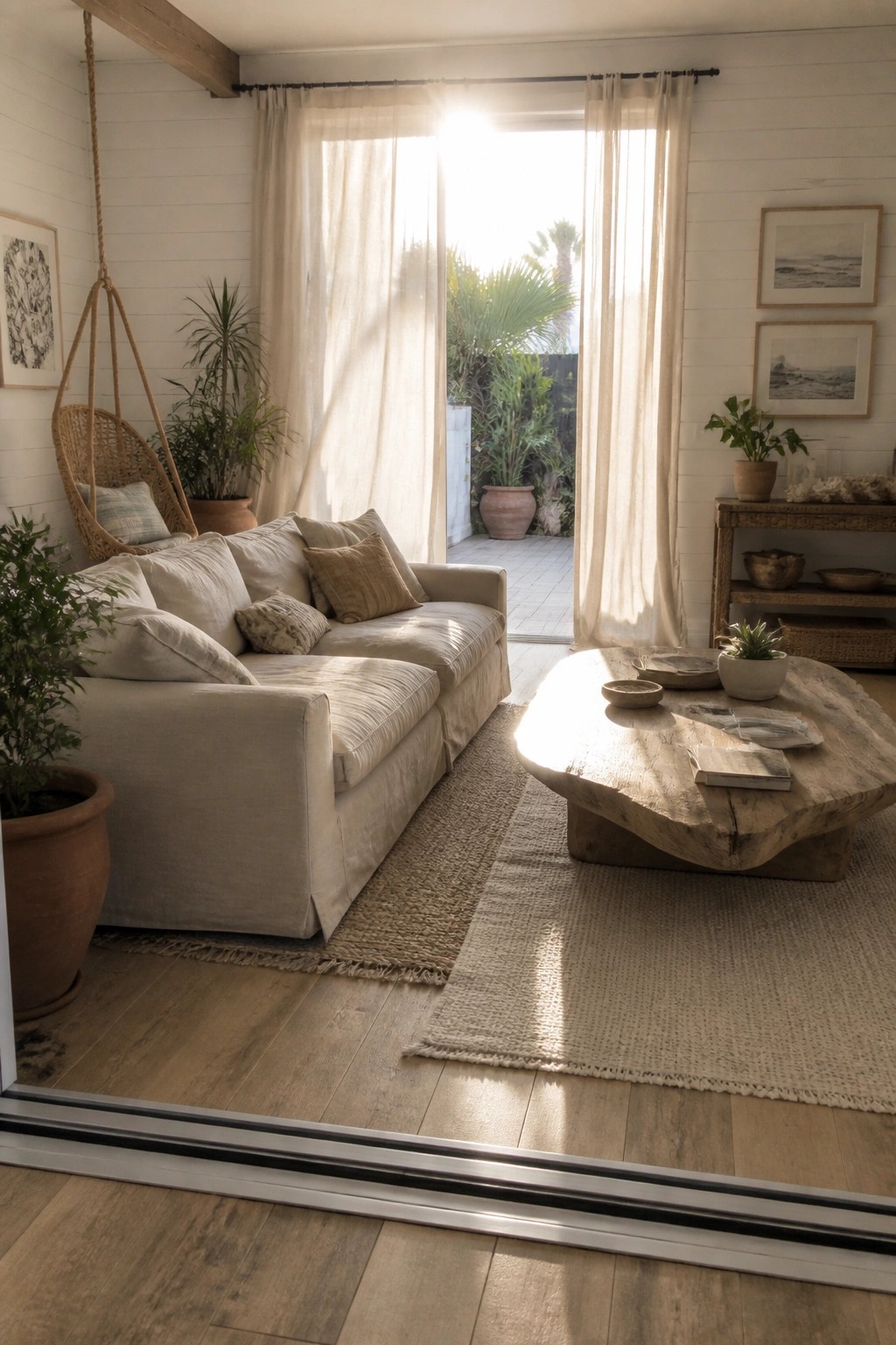 Living room interior with light-colored sofa, rustic wood coffee table, and long sheer white linen curtains hanging in front of open glass doors.