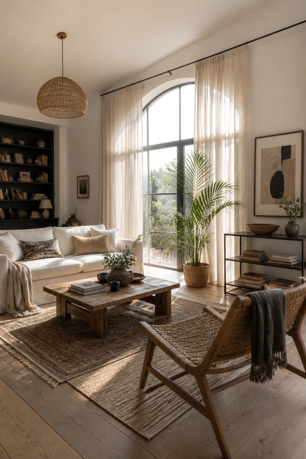 A living room with a white sofa, wooden coffee table on a patterned rug, woven accent chair, potted palm, and sheer linen curtains covering a large arched window.
