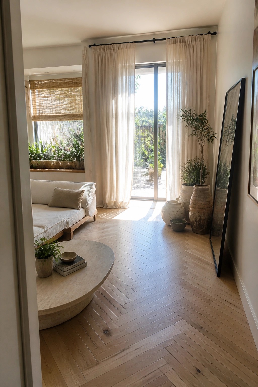 A living room interior with floor-length sheer linen curtains on a black rod covering glass doors, light wood herringbone flooring, a low white sofa, a round stone coffee table, and several potted plants.