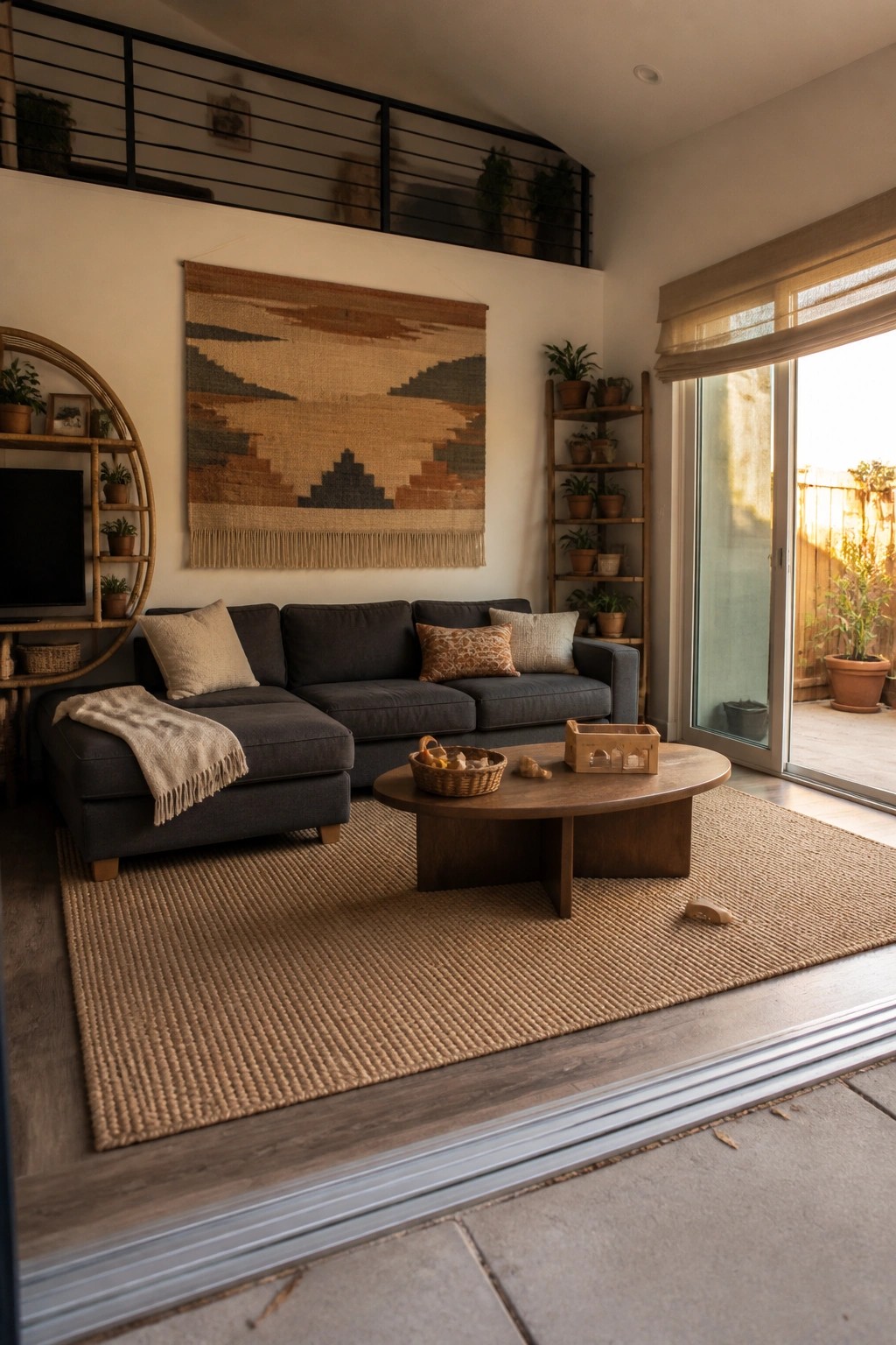 A living room with a large woven wall hanging above a dark gray sectional sofa, a round wooden coffee table on a jute rug, and a sliding glass door to the right.