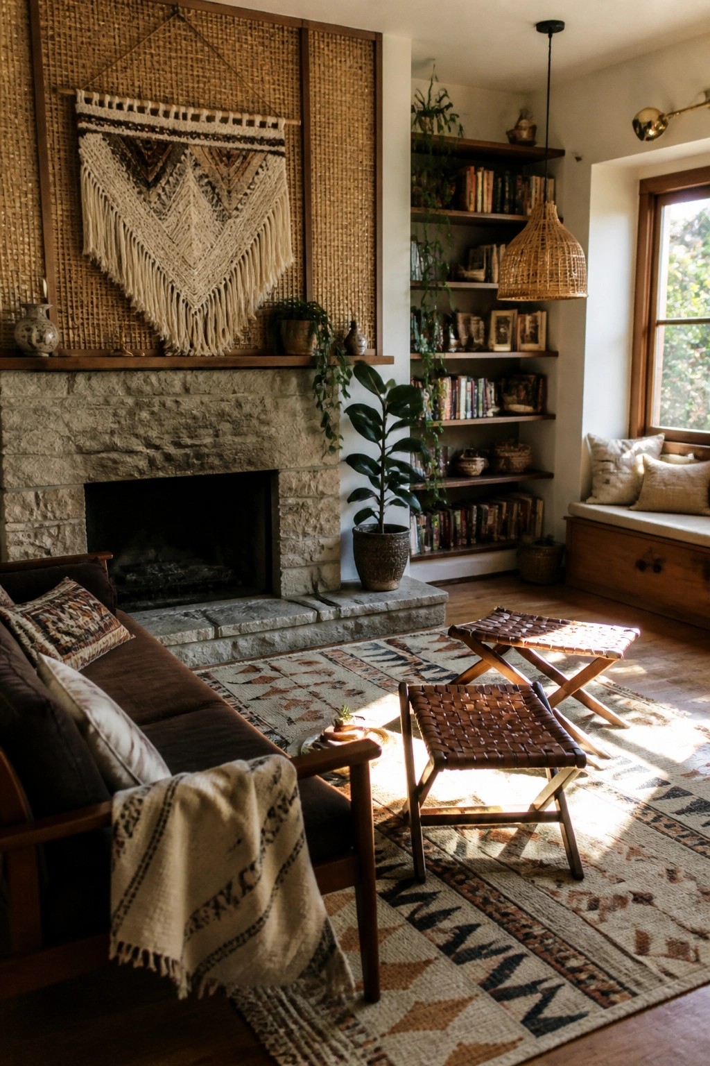 A living room with a large woven macrame hanging centered above a stone fireplace, a dark sofa in the foreground, and two woven stools on a patterned rug.