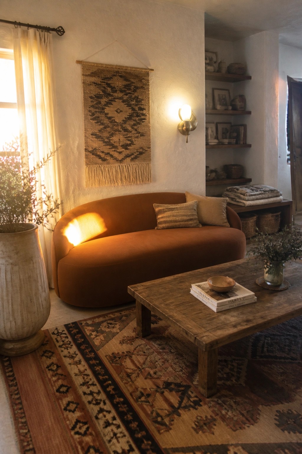 A living room scene showing a large patterned woven wall hanging centered above a curved orange sofa, with a wooden coffee table in the foreground.