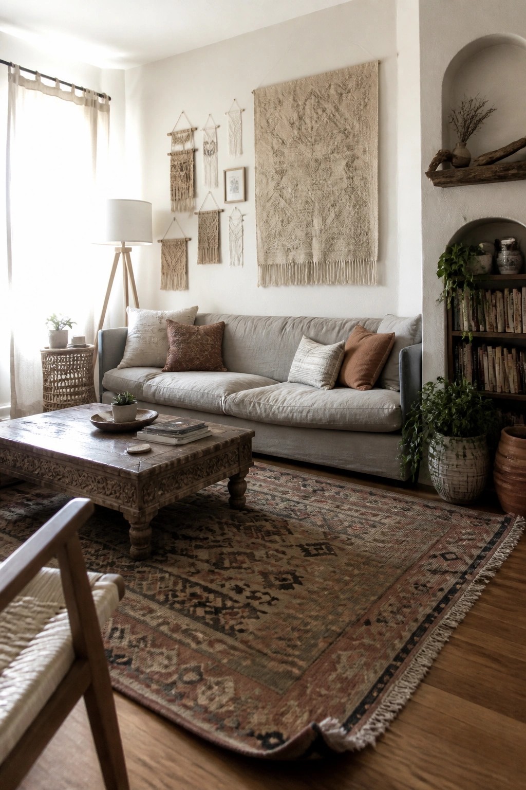 A living room featuring a gray sofa beneath a large arrangement of macrame and woven wall hangings, with a wooden coffee table and patterned rug in the foreground.