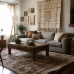 A living room featuring a gray sofa beneath a large arrangement of macrame and woven wall hangings, with a wooden coffee table and patterned rug in the foreground.
