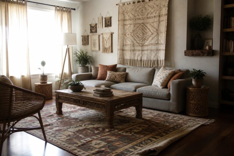 21 Artistic Cozy Boho Living Room Wall Decor Ideas Featuring Woven Hangings A living room featuring a gray sofa beneath a large arrangement of macrame and woven wall hangings, with a wooden coffee table and patterned rug in the foreground.