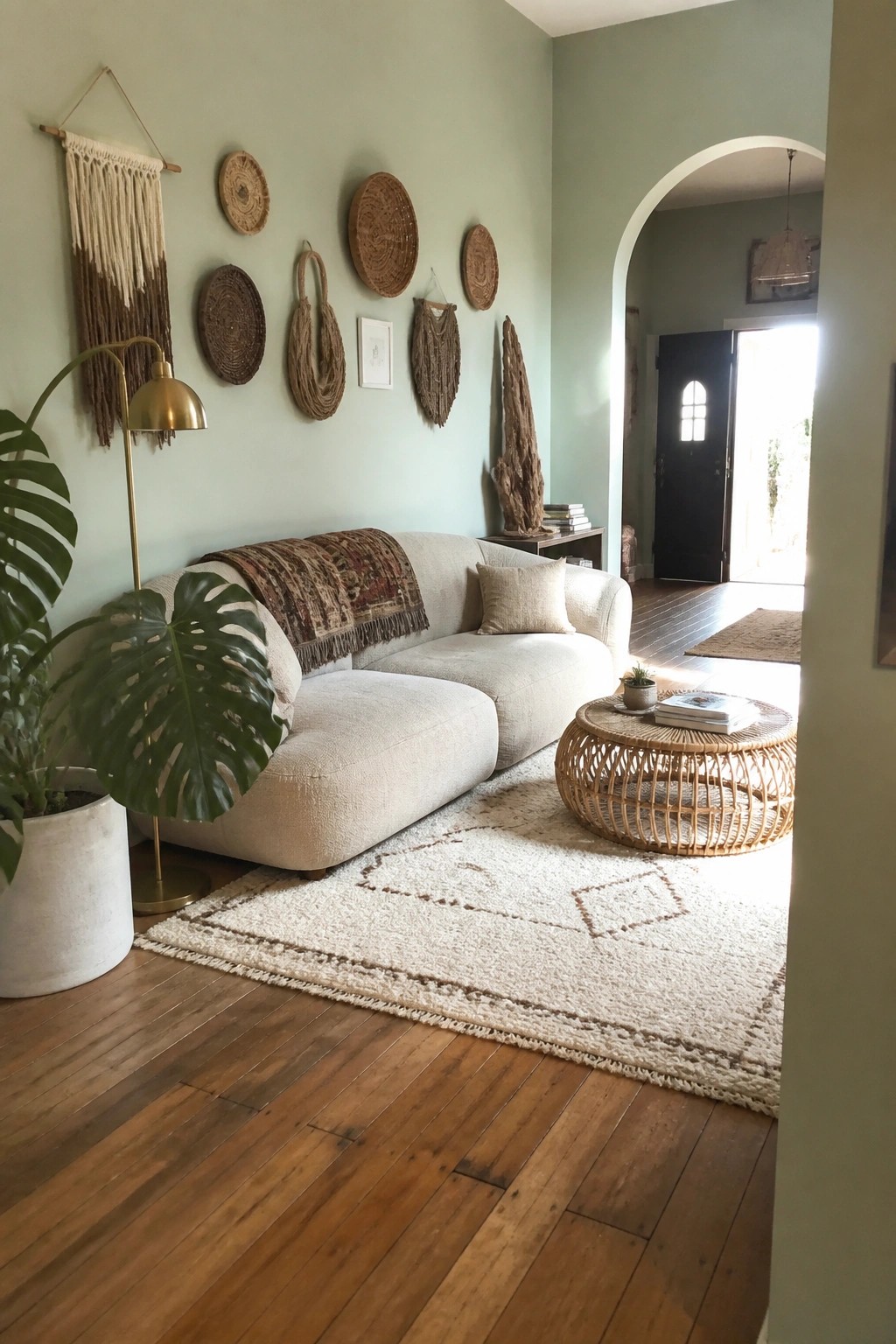 A living room scene showing a light sofa against a sage green wall covered with an assortment of woven wall hangings in various shapes and sizes.