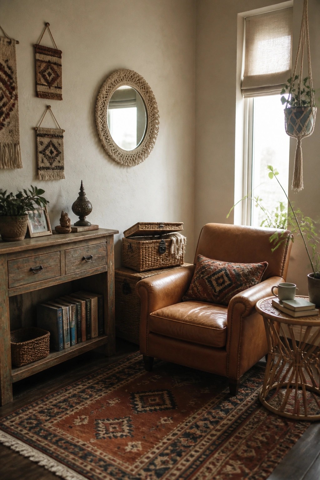 A living room corner with a leather armchair, wooden console table, stack of books, woven wall hangings on a beige wall, and a round mirror.