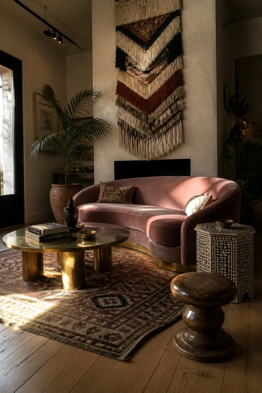 A living room with a curved pink sofa positioned under a large woven wall hanging, a round brass coffee table on a patterned rug, and a wooden stool nearby.