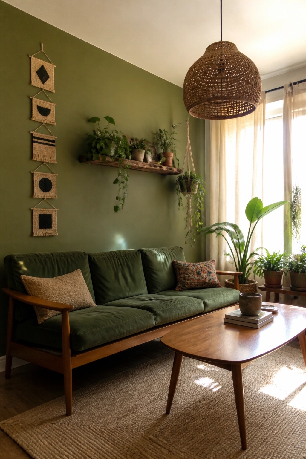 A living room with a green velvet sofa, wooden coffee table, and a vertical row of five woven wall hangings on a solid green wall.