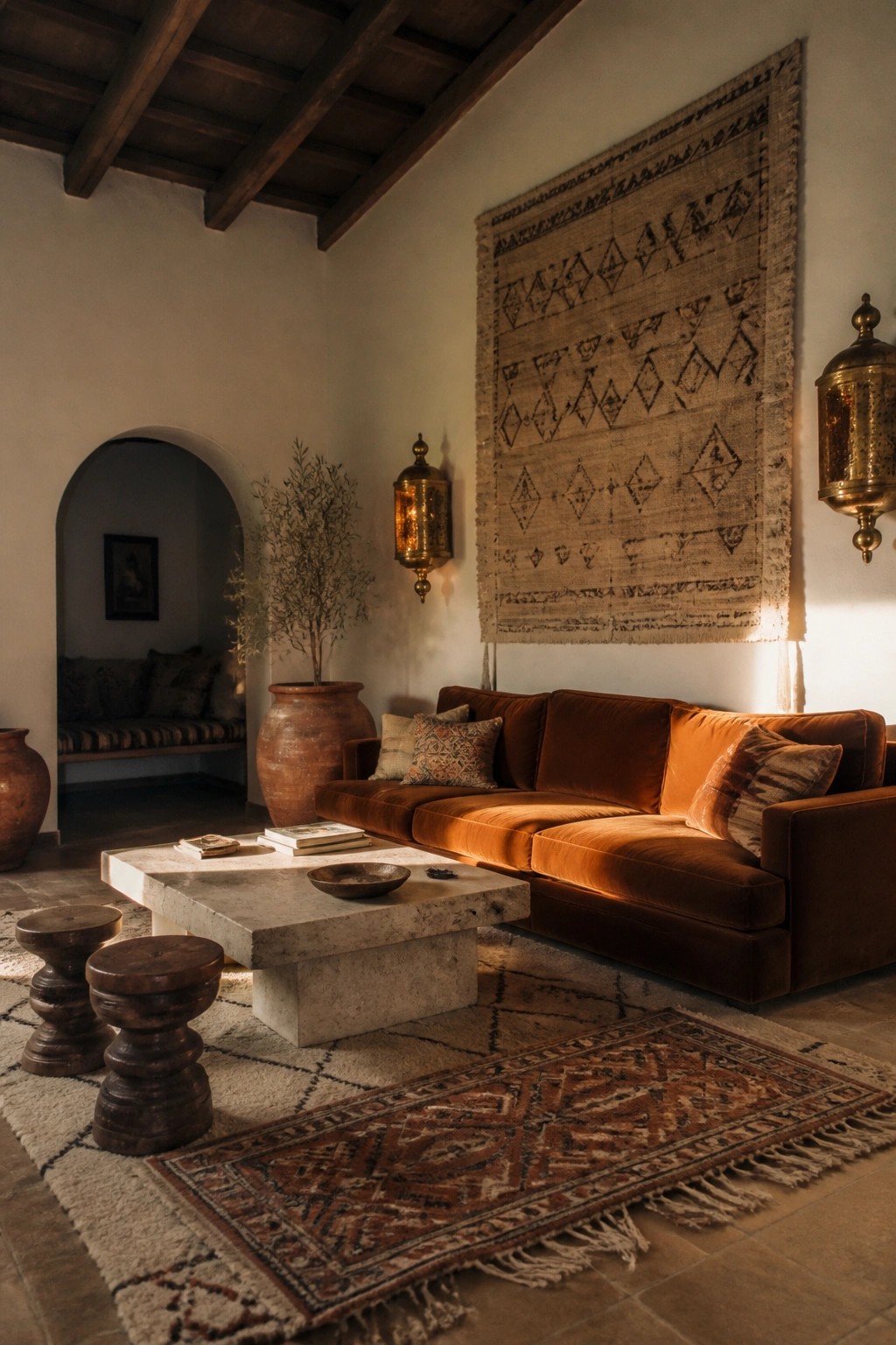 A living room interior showing a large patterned woven hanging above an orange sofa with a stone coffee table and layered rugs on the floor.