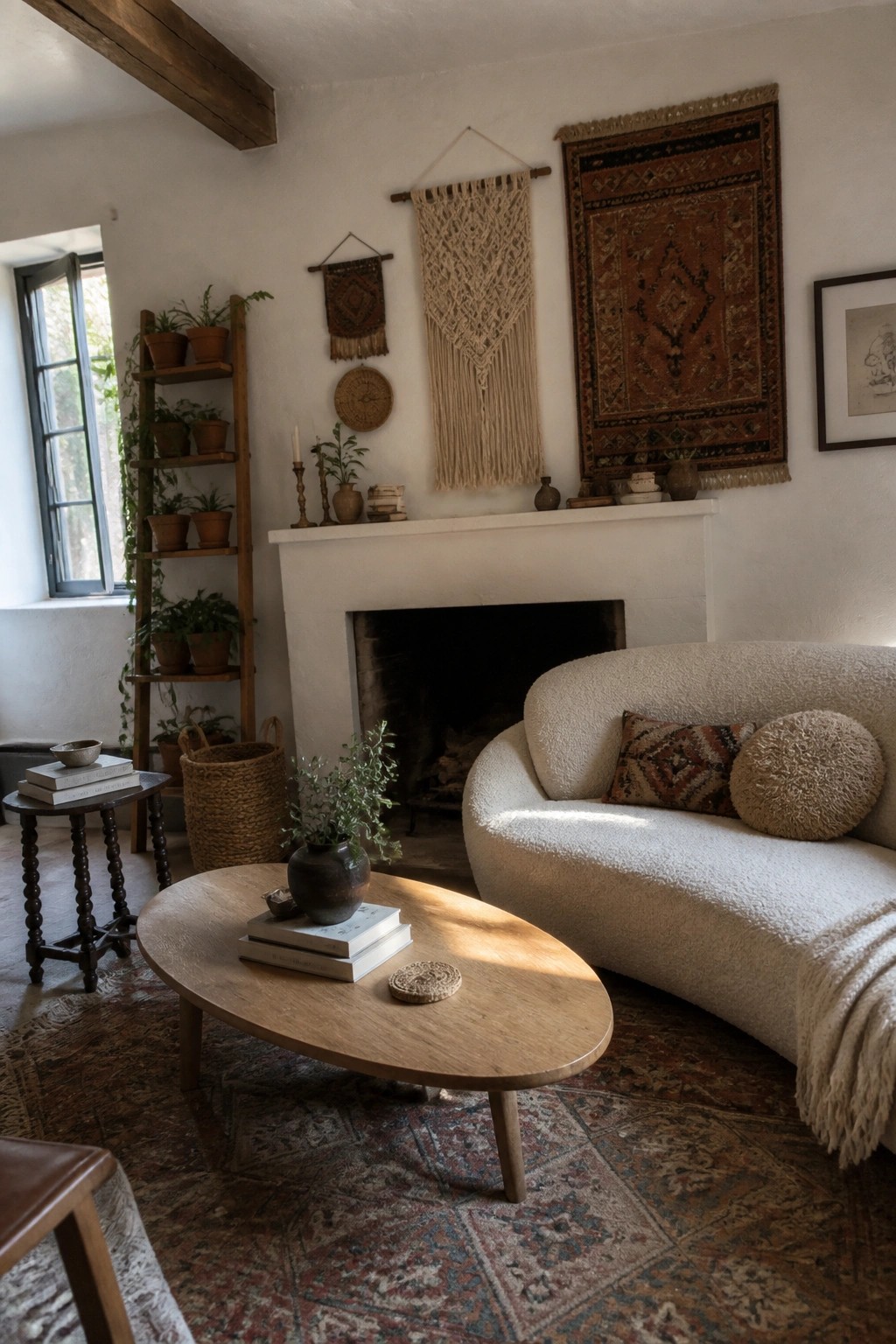 A living room with a white fireplace mantel holding small decorative items, a curved white sofa with pillows, a wooden coffee table, and multiple woven wall hangings including macrame and a patterned tapestry above the mantel.