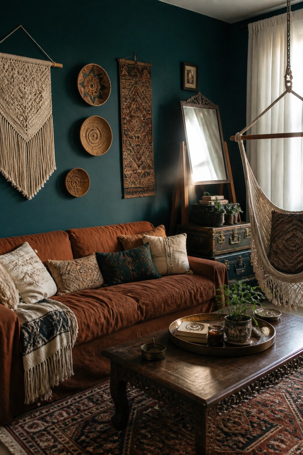 Bohemian living room with teal walls, macrame hangings, orange sofa, and hanging chair.