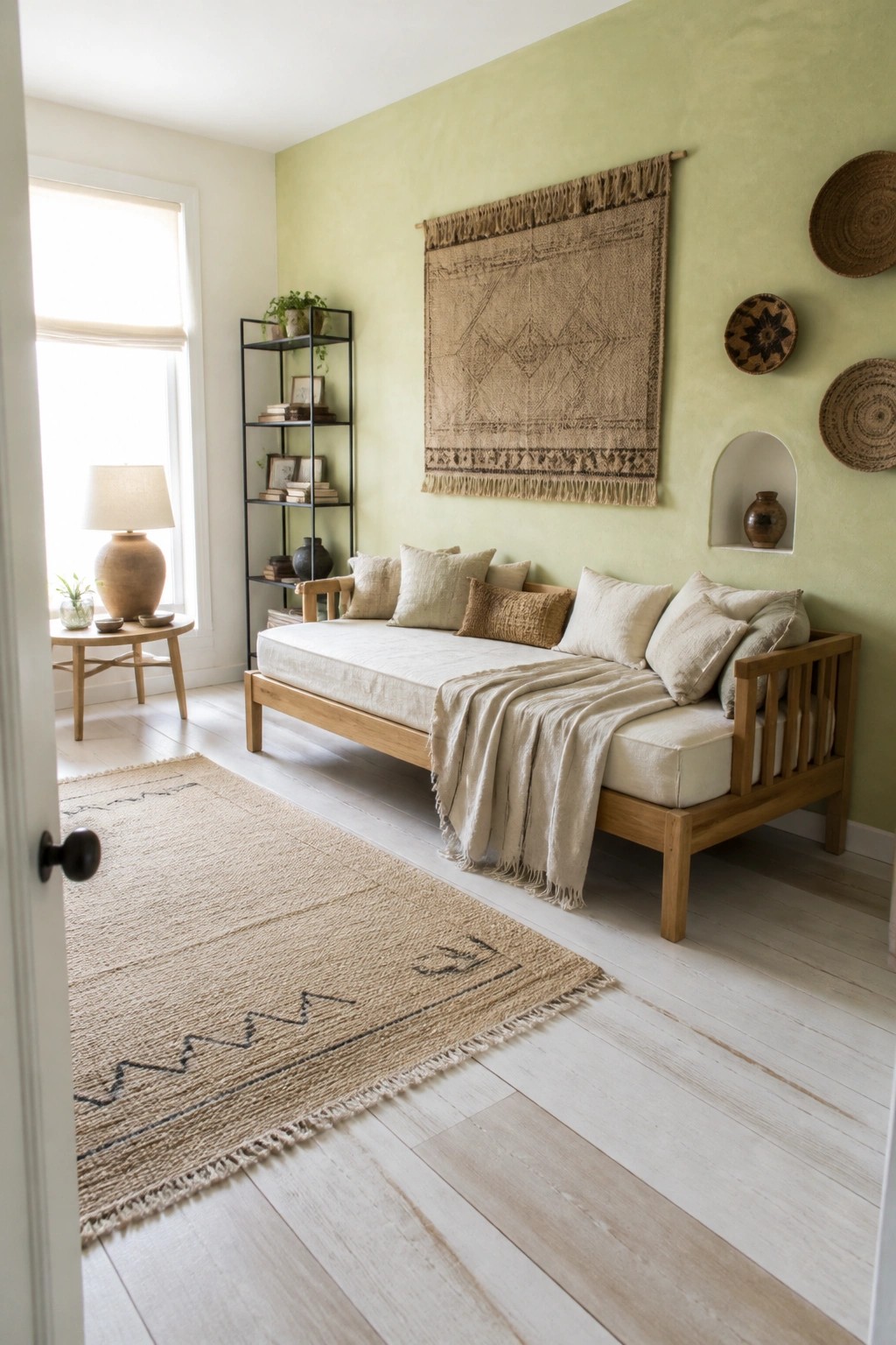 A light green living room featuring a wooden daybed with white cushions and a large beige woven wall hanging centered above it.