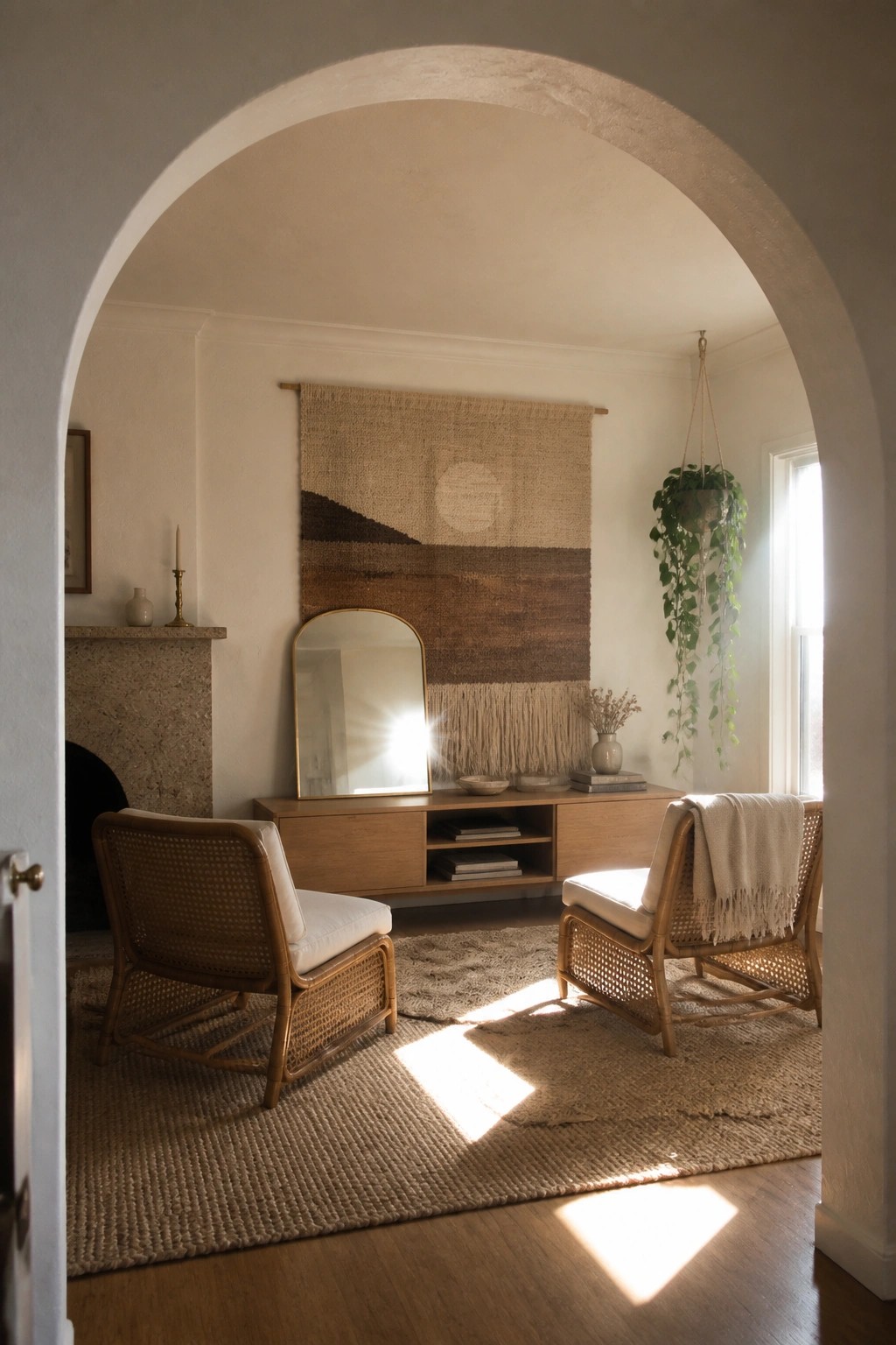 A neutral living room with two rattan chairs on a woven rug, a wooden console against the wall, a large woven hanging above it, and a mirror leaning on the console.