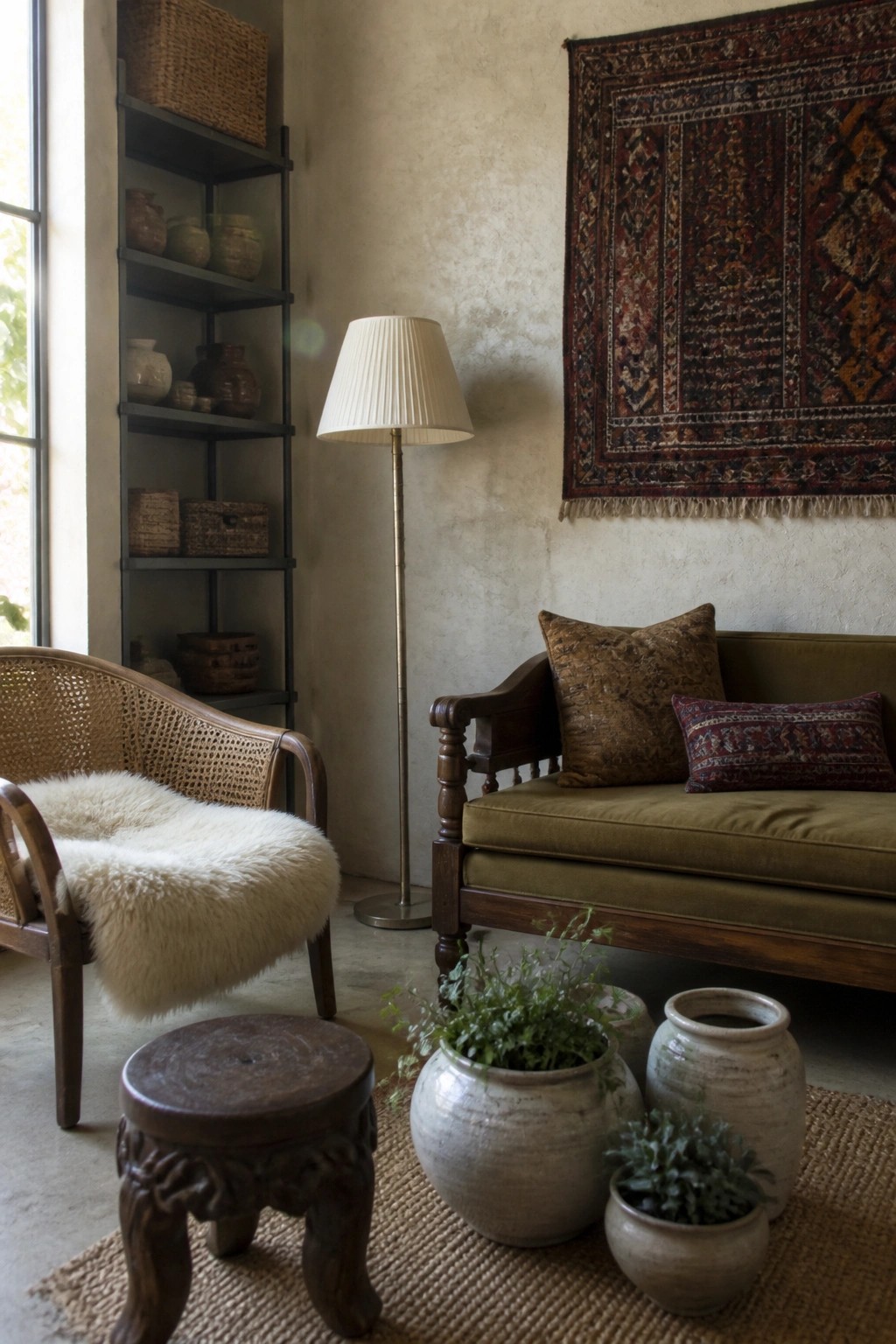 A living room interior with an olive green sofa, a large patterned woven tapestry on the wall above it, a floor lamp, a woven chair with sheepskin, and ceramic pots on a jute rug.