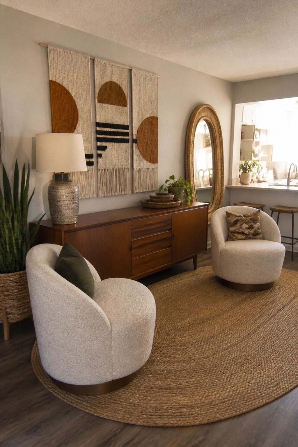 Three woven wall hangings with geometric patterns hang above a wooden sideboard in a living room with two white swivel chairs on a round jute rug.