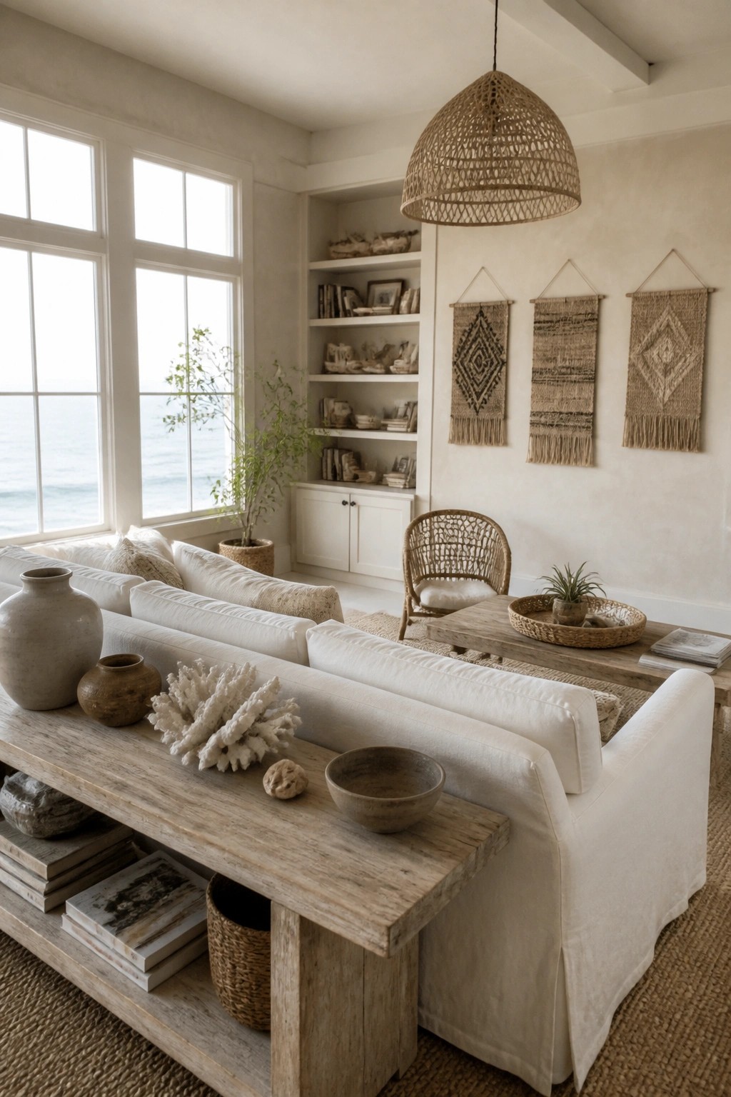 A bright living room with white slipcovered sofas, a rustic wood coffee table, and three woven wall hangings arranged on a light-colored wall beside built-in shelves.