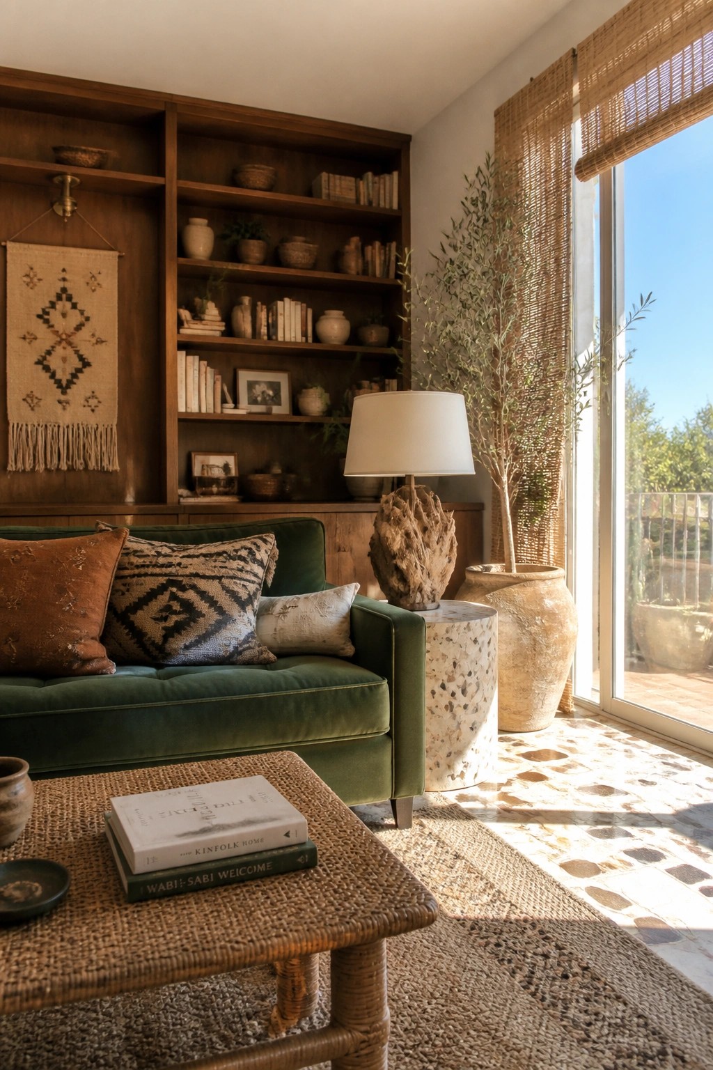 A living room with a green velvet sofa in front of dark wood built-in bookshelves, a woven wall hanging on the left panel, and a large window with potted plants to the right.