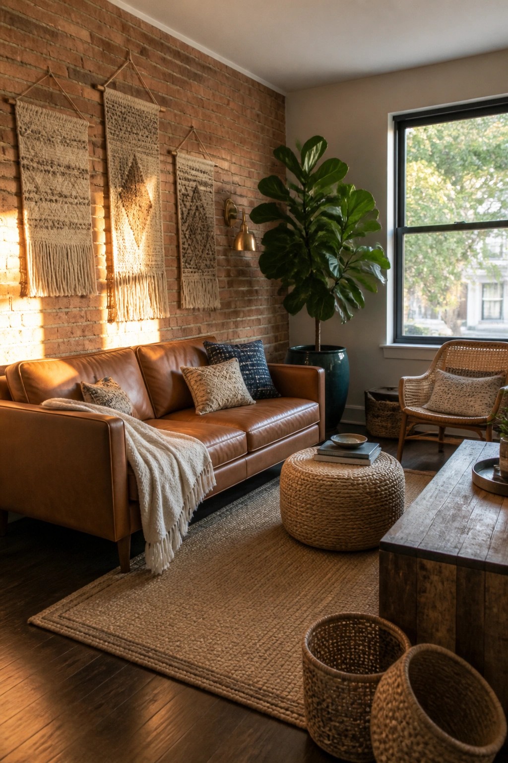 Cozy living room with leather sofa, macrame hangings on brick wall, and woven accents