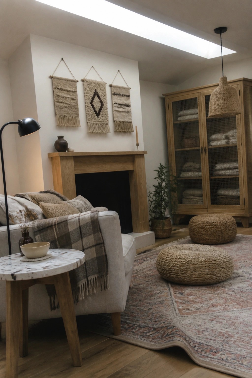A living room scene showing three woven wall hangings above a wooden fireplace mantel with a sofa and side table in the foreground.