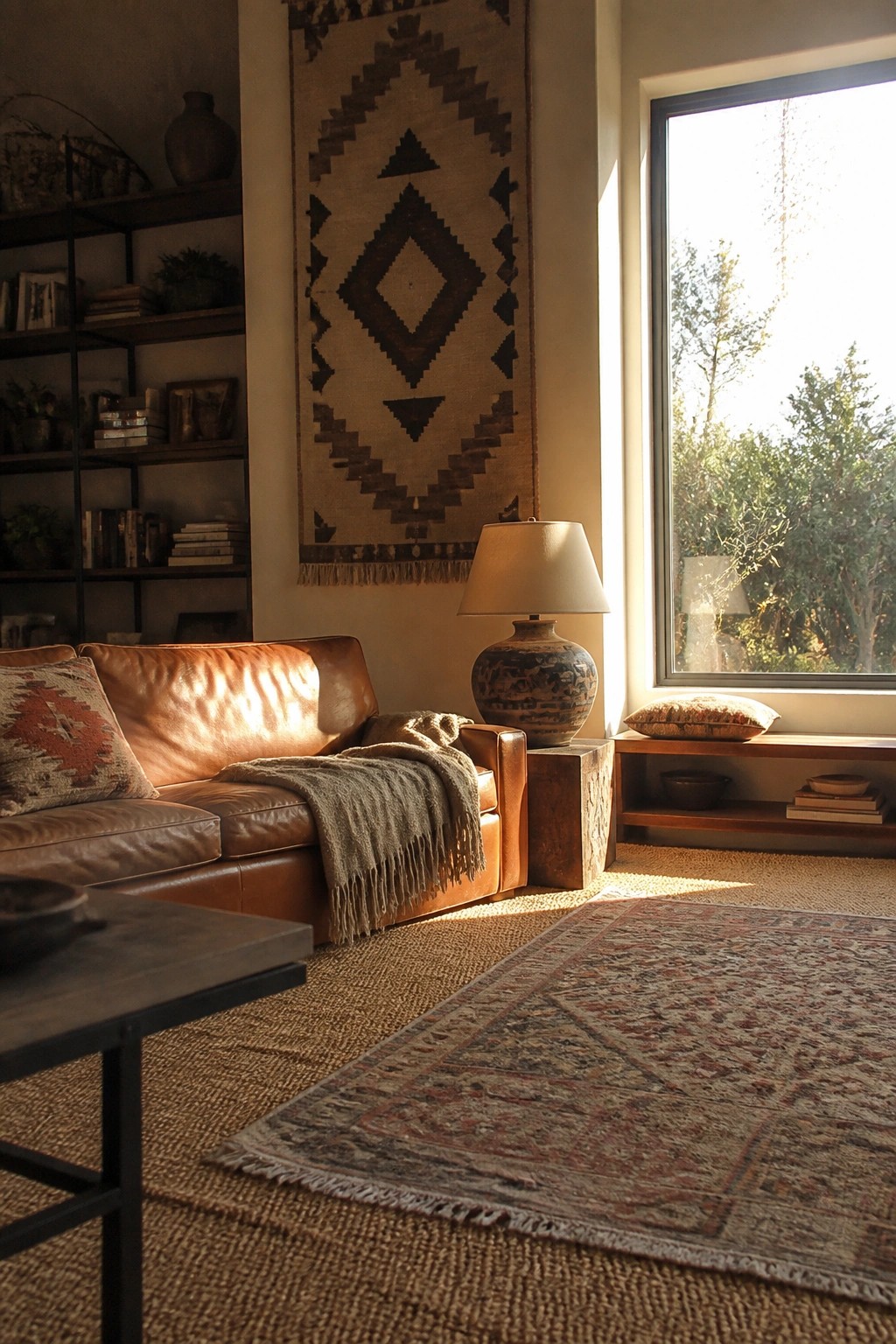 A living room interior showing a brown leather sofa beneath a large geometric woven wall hanging, with sunlight coming through a nearby window.
