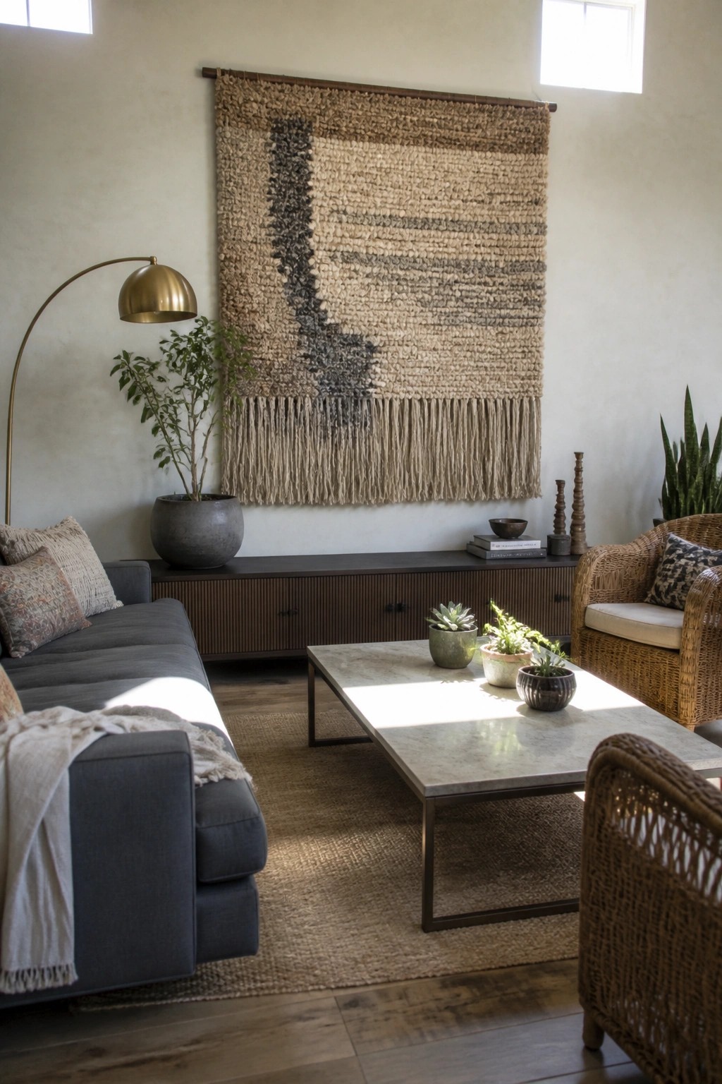 Living room with woven wall tapestry, gray sofa, marble coffee table, and wicker chairs.