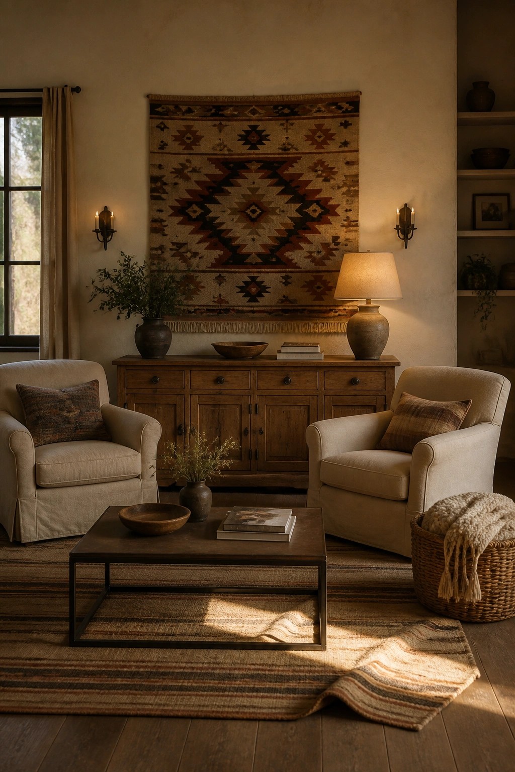 A living room scene showing a large patterned woven wall hanging above a wooden console table, with two beige armchairs, a coffee table, and a striped rug on dark wood flooring.