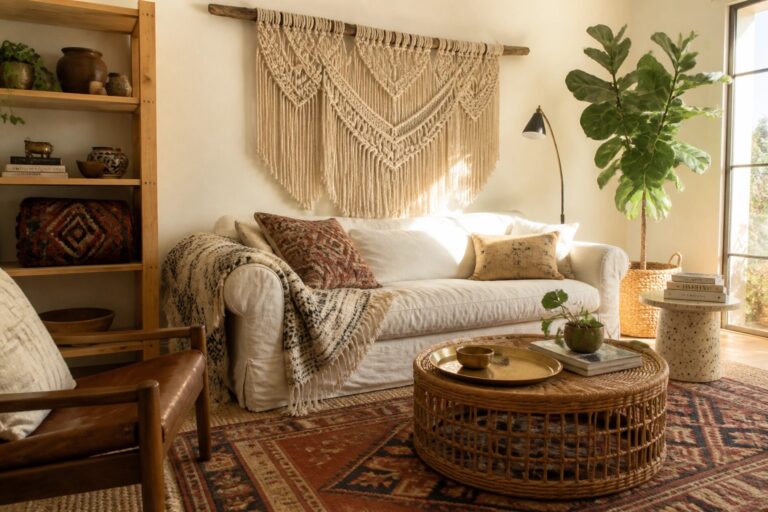 22 Bold Boho Chic Living Room Wall Decor Ideas Featuring Oversized Woven Hangings Cozy bohemian living room with white sofa, macrame wall hanging, rattan table, and patterned rug.